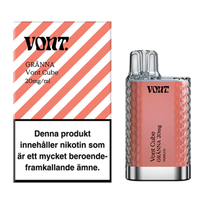 Vont Cube Gränna 20mg 10-pack – Tobaksfria nikotinpåsar med smak av klassisk polkagris i vit och röd design.