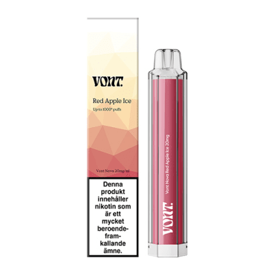 Vont Nova Red Apple Ice 20mg 10-pack – Tobaksfria nikotinpåsar med smak av röda äpplen och kylande mentol i rödvit design.