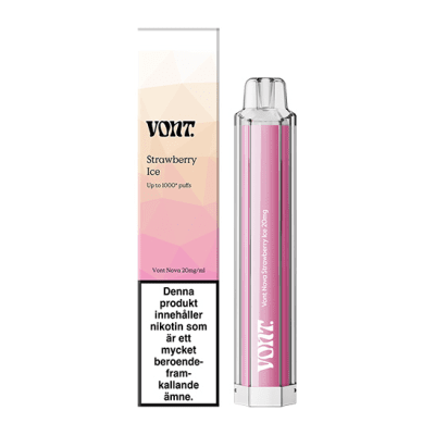 Vont Nova Strawberry Ice 20mg 10-pack – Tobaksfria nikotinpåsar med smak av söt jordgubbe och kylande mentol i rödvit design.