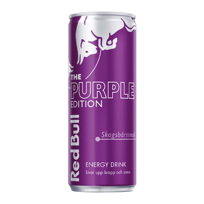 Zoom bild av Red Bull Purple Edition energidryck 250ml lila aluminiumburk med skogsbärssmak och Red Bull-logotyp