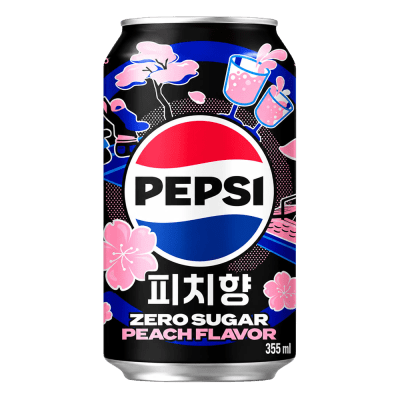 Zoom bild av Pepsi White Peach Zero Sugar 355ml burk med svart design, körsbärsblomsmor och koreansk text