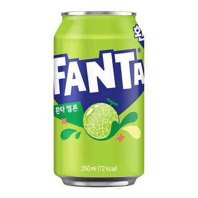 Zoom bild av Limegrön Fanta Melon-burk på 350 ml med koreansk text och melonmotiv på vit bakgrund