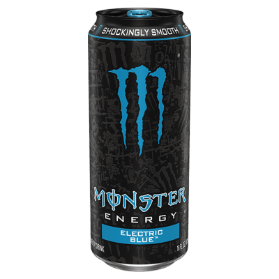 Zoom bild av Monster Energy Electric Blue 473ml svart burk med blå logotyp och texten Shockingly Smooth