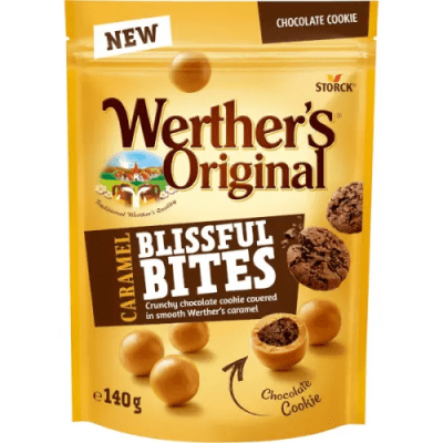 Werther's Blissful Bites Chocolate Cookie 12x140g – karamell och choklad med cookie-bitar för kiosker och livsmedelsbutiker