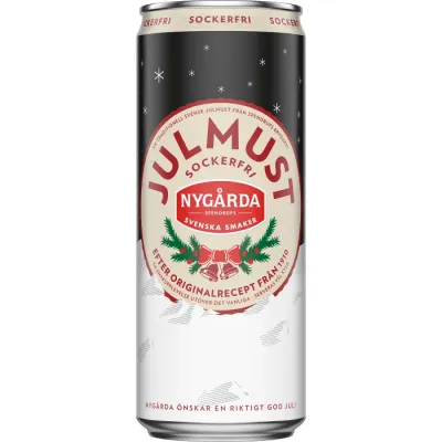 Zoom bild av Nygårda Julmust Sockerfri 33cl burk med svart och vit design, julklockor och texten Efter originalrecept från 1910
