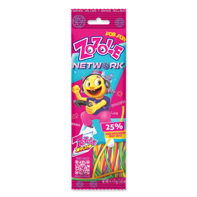 Zoom bild av Rosa påse med Zozole Network Jellies 75g, gaming-tema gelégodis med färgglada syrliga strimlor och spelkaraktär på framsidan