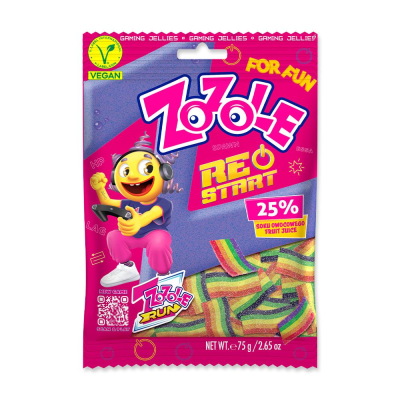 Zoom bild av Rosa påse Zozole Restart Jellies 75g med speltema, färgglada syrliga gelestavar och Wi-Fi-logotyp synlig på framsidan
