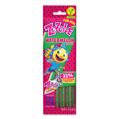Zoom bild av Zozole Watermelon Jellies 75g förpackning med vegan-märkning, grön och rosa design med tecknad figur på rullskridskor och 25% fr
