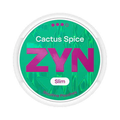 ZYN Cactus Spice Slim S3 5-pack – Tobaksfria nikotinpåsar med smak av kaktus och kryddor i grönvit design.