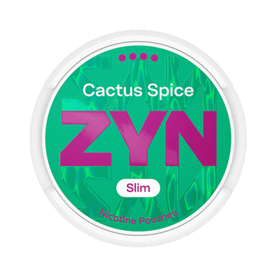 ZYN Cactus Spice Slim S4 5-pack – Tobaksfria nikotinpåsar med smak av kaktus och kryddor i grönvit design.