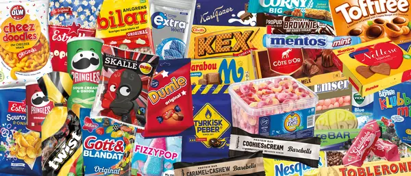 Sortiment av godis, choklad och snacks hos Joselind Gross – bland annat Marabou, Dumle och Toblerone